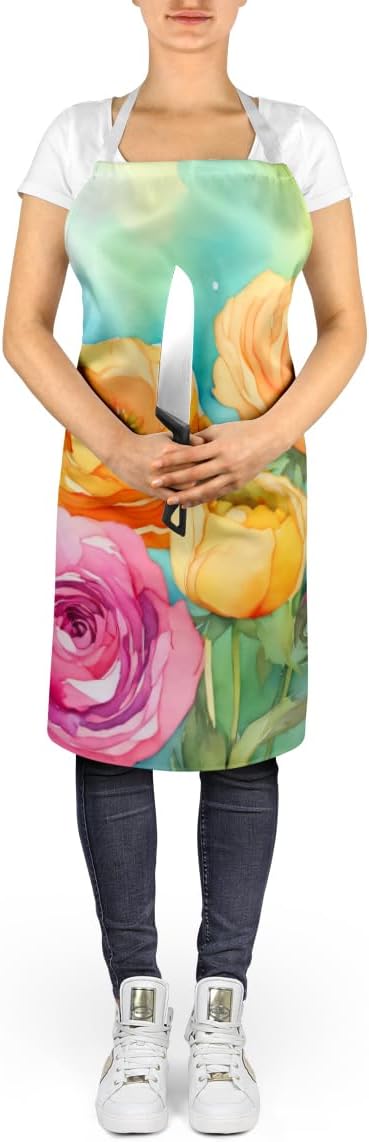 Caroline's Treasures Ranunculus in Watercolor Apron Cooking Kitchen Server Baking Crafts Gardening for Adult Women Men, Unisex, Large, Multicolor