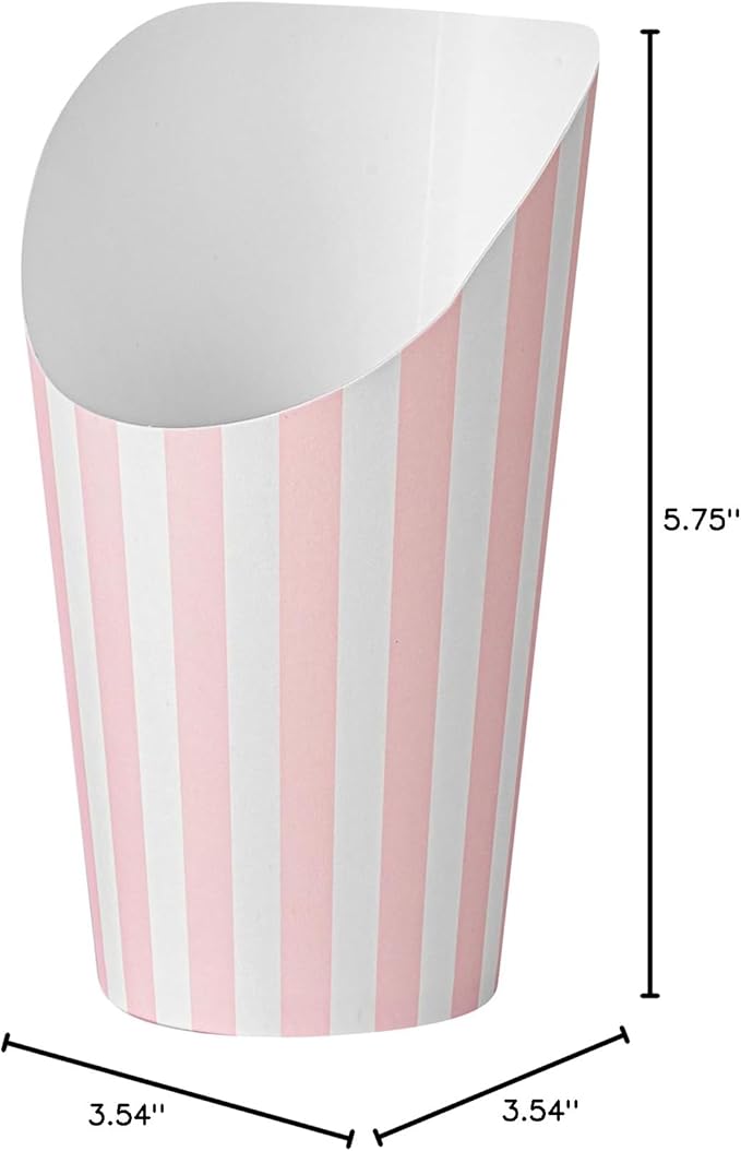 Bio Tek 16 Ounce French Fry Containers, 100 Disposable Charcuterie Cups - Incline Design, Round, Striped Paper French Fry Cups, Stackable, For Waffles, Chips, or Popcorn - Restaurantware