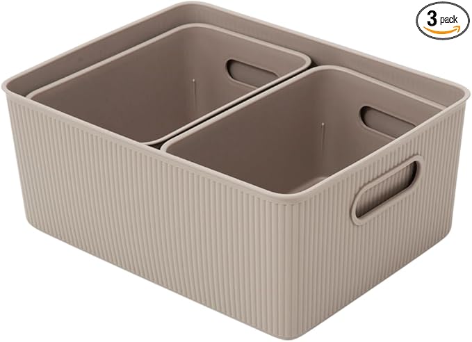 Decorative Plastic Basket Open Home Storage Bins Organizer, Taupe (Set of 3) 1 Large, 2 Medium - Container Boxes for Organizing Closet Storage Bins for Shelves Drawer Shelf - Ribbed Collection