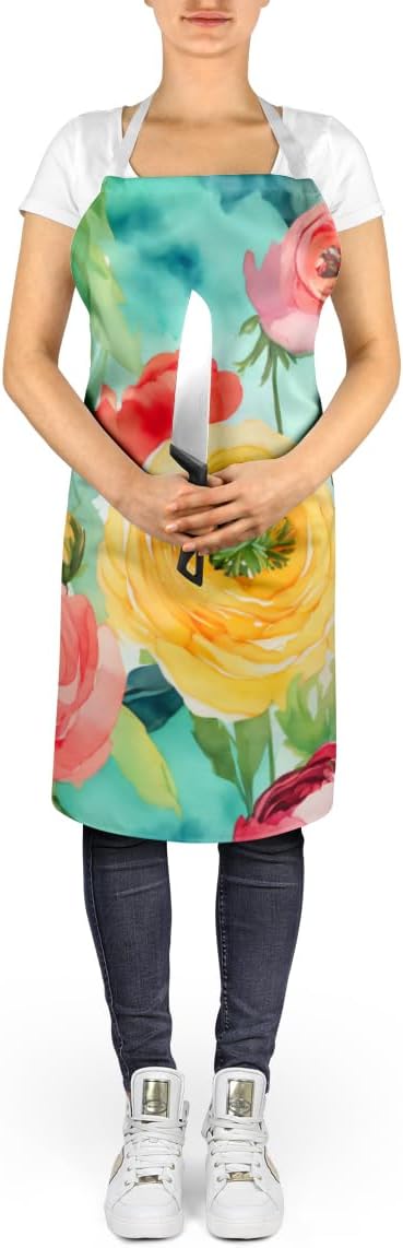Caroline's Treasures Ranunculus in Watercolor Apron Cooking Kitchen Server Baking Crafts Gardening for Adult Women Men, Unisex, Large, Multicolor