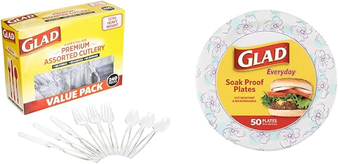 Glad Disposable Plastic Cutlery, Assorted Set & Round Disposable Paper Plates 10 in, Blue Flower, Paper Plates 10 Inch, Bulk for Parties and Occasions