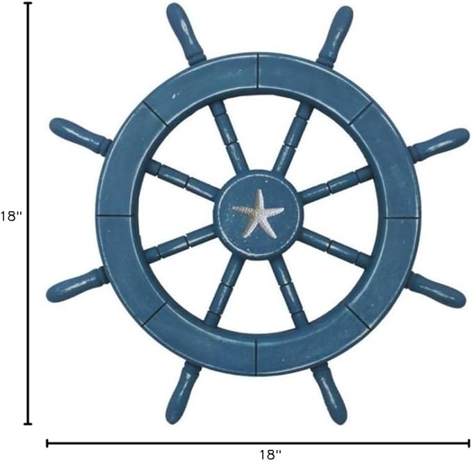 Handcrafted Nautical Decor Rustic All Light Blue Decorative Ship Wheel with Starfish 18" - Wooden Ships Wh
