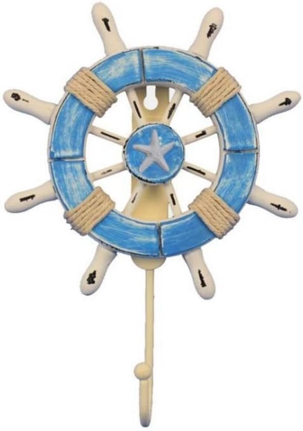 Handcrafted Nautical Decor Rustic Light Blue and White Decorative Ship Wheel with Starfish with Hook 6" -