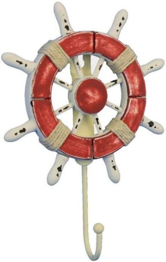 Hampton Nautical Wheel-6-110 Rustic Decorative Ship Wheel with Hook, 6", Red/White