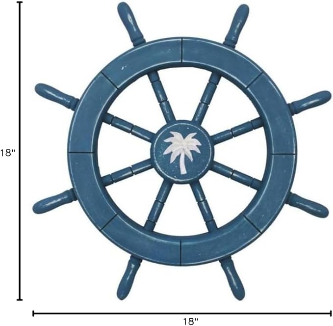 Rustic All Light Blue Decorative Ship Wheel with Palm Tree 18 Inch - Wooden Ship Wheel - Ships Steering