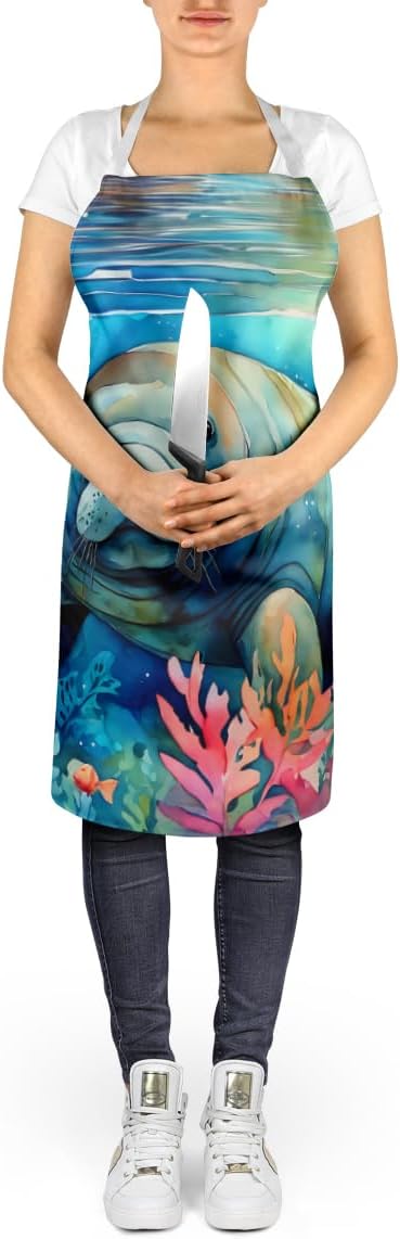Caroline's Treasures Manatee Apron Cooking Kitchen Server Baking Crafts Gardening for Adult Women Men, Unisex, Large, Multicolor