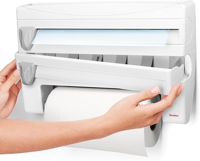 Metaltex 254410 Roll-n-Roll 4-in-1 Kitchen Roll Holder Dispenser, White, 39 x 10 x 25 cm.