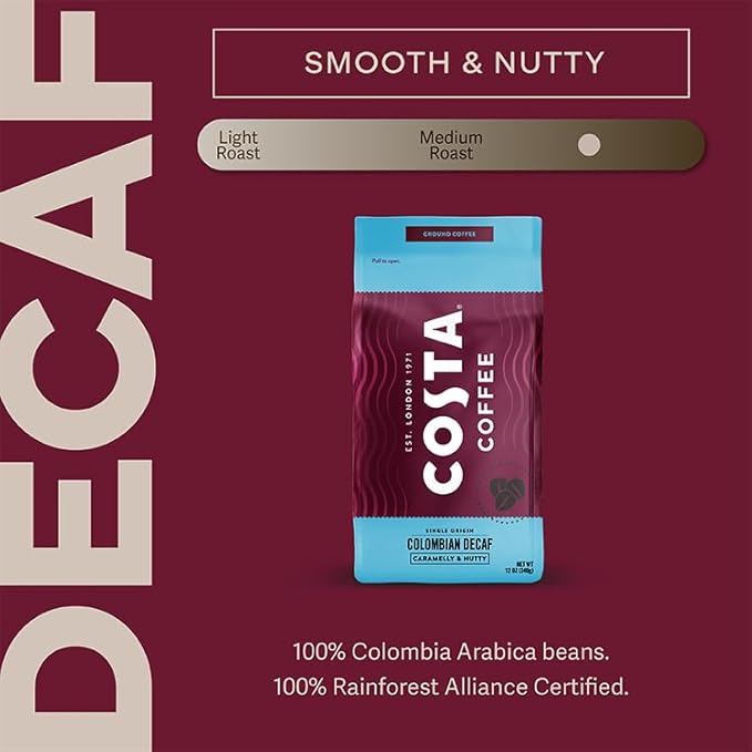 Costa Coffee Decaf Coffee Ground, Medium Roast 12 Oz Bag, Caramel & Nutty Full Flavor, Caffeine-Free 100% Columbia Arabica Beans, Smooth & Low-Acid