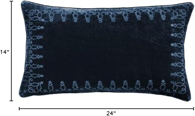 HiEnd Accents Stella Faux Silk Velvet Embroidered Lumbar Pillow, 14x24 inch, Midnight Blue, Romantic Western Modern Traditional Style Luxury Bedding, Decorative Throw Pillow