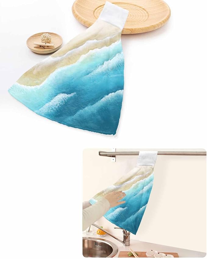 Alandar Home Kitchen Tie Towel Set of 1, Summer Blue Gradients Wave Absorbent Soft Hand Towels for Bathroom Hanging Towels, Sandy Beaches Fast Drying Cleaning Cloth with Loop