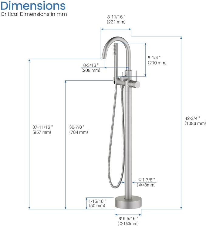 KIBI Circular Floor Mount Tub Filler with Hand Shower in Brushed Nickel | Solid Brass Single Handle Freestanding Bathtub Faucet with 360° Swivel Spout, Modern Bath Faucet for Tub and Shower (KTF301BN)