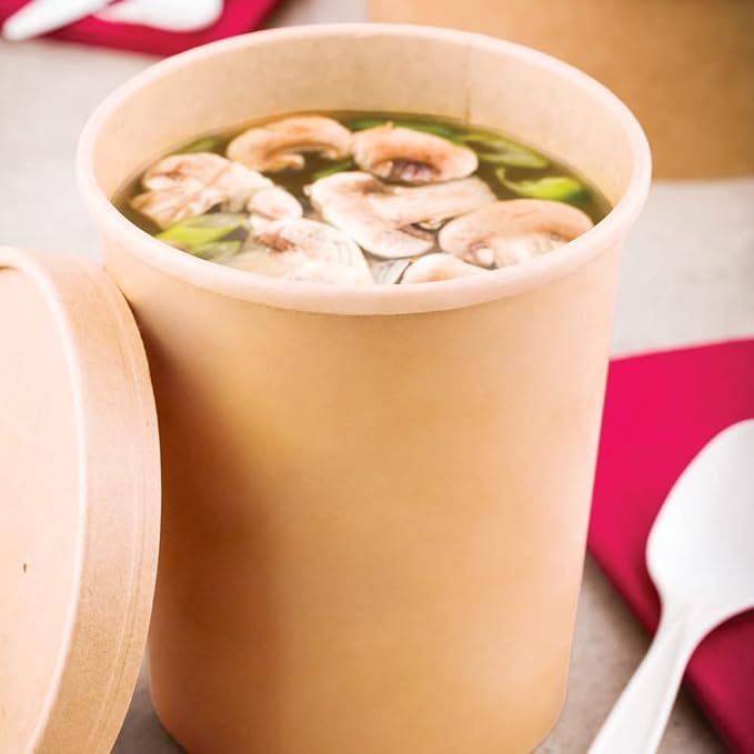 Restaurantware-Bio Tek 32 Ounce Soup Containers, 25 Durable Soup Bowls - Lids Sold Separately, Sustainable, Kraft Paper Soup Cups, Disposable, For Take Out And Delivery