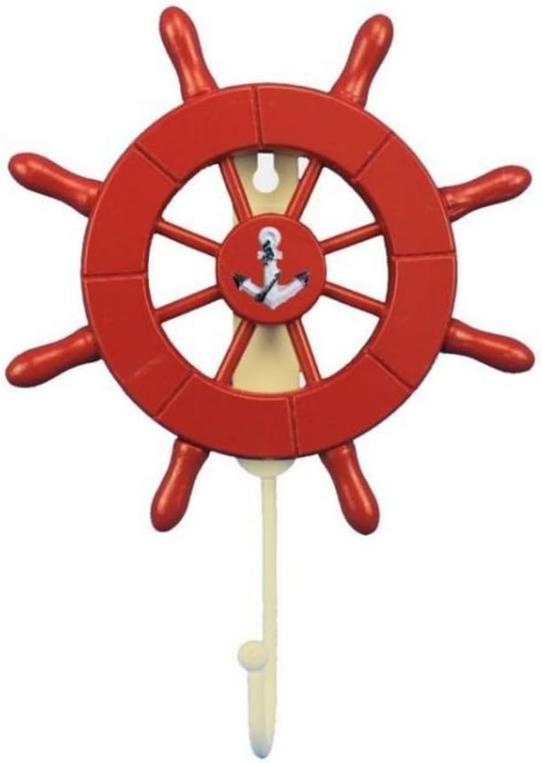 Red Decorative Ship Wheel with Anchor with Hook 6 Inch - Wooden Ship Wheel - Ships Steering Wheel Decoration