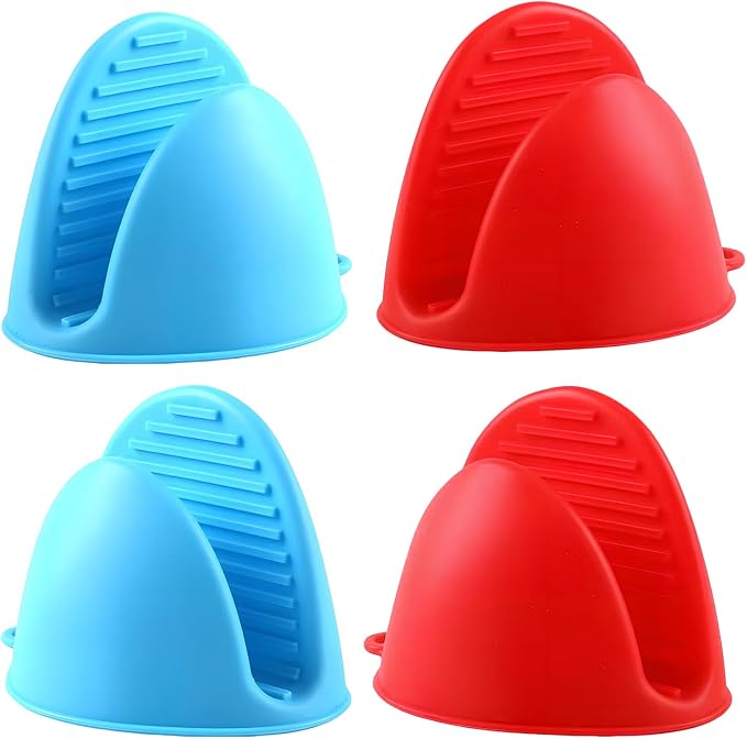 2 Pairs (Red & Blue),Mini Silicone Oven Gloves, Mini Finger Protector Pot Holder for Kitchen,Cooking,Baking,BBQHeat Resistant Gloves,can be Washed in the Dishwasher