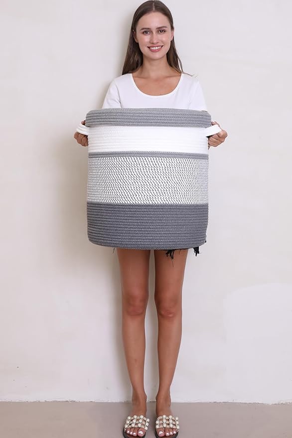 16" x 16" x 18" Extra Large Storage Basket with Lid, Cotton Rope Storage Baskets, Laundry Hamper, Cloth Bin, for Clothes Towels Blankets Pillows Storage in Living Room, White/Grey Mix/Dark Grey