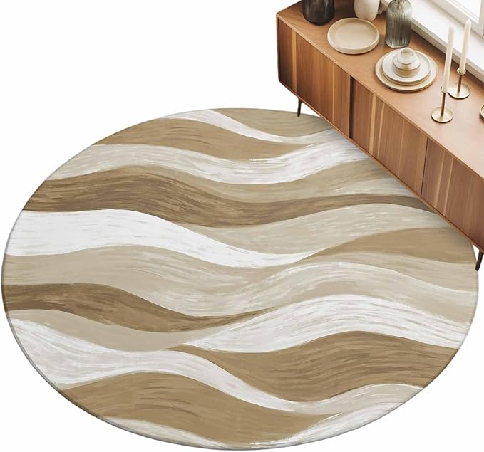 Washable Round Area Rug Modern Brown Ombre Ocean Wave Circle Rugs Floor Carpet for Living Room Bedroom, Abstract Gradient Stripe Soft Non Slip Round Rug 3ft