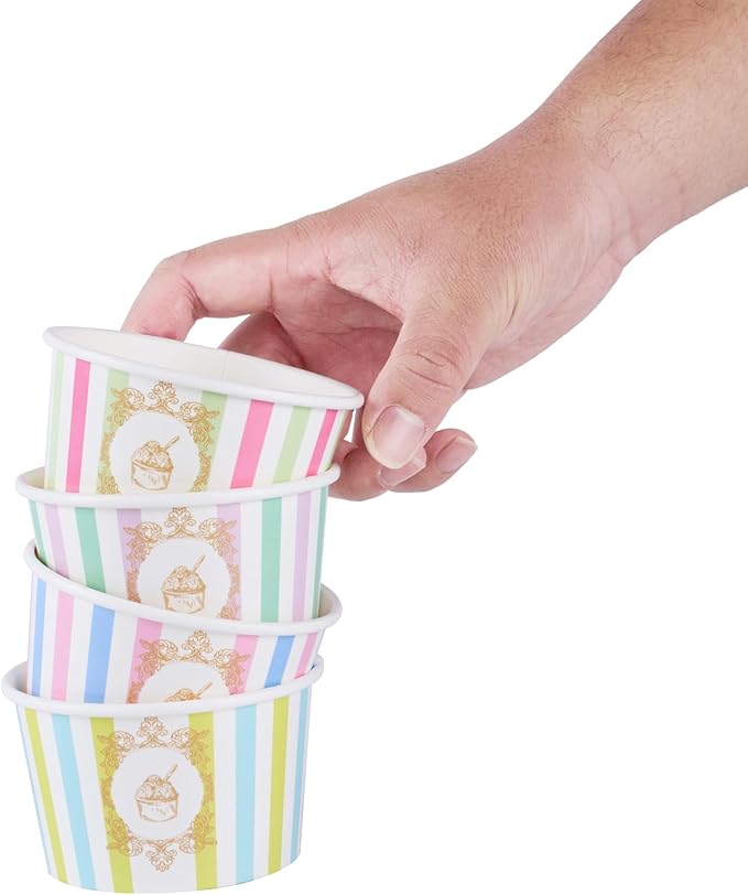 Restaurantware Paper Cups 200 Count 8 Ounce Square Disposable Ice Cream Containers, Leak-Resistant Paper Dessert To Go Cups, Hot And Cold Food, Durable Assorted Stripe Design