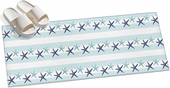 Runner Rug for Bedroom Hallway, Summer Coastal Starfish Blue Teal Kitchen Runner Rugs Area Rug 2x6ft, Watercolor Ocean Theme Stripe Washable Soft Floor Carpet for Entryway Stair