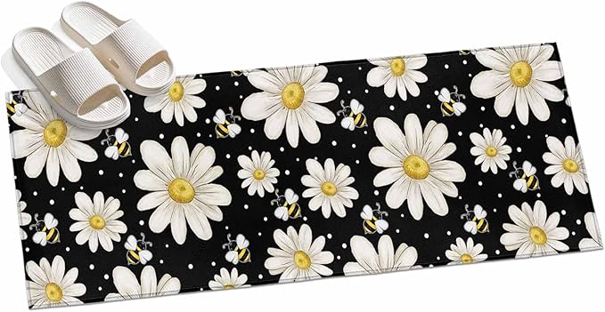Runner Rug for Bedroom Hallway, Watercolor White Floral Daisy Bee Kitchen Runner Rugs Area Rug 2x6ft, Blossom Flower on Black Washable Soft Floor Carpet for Entryway Stair