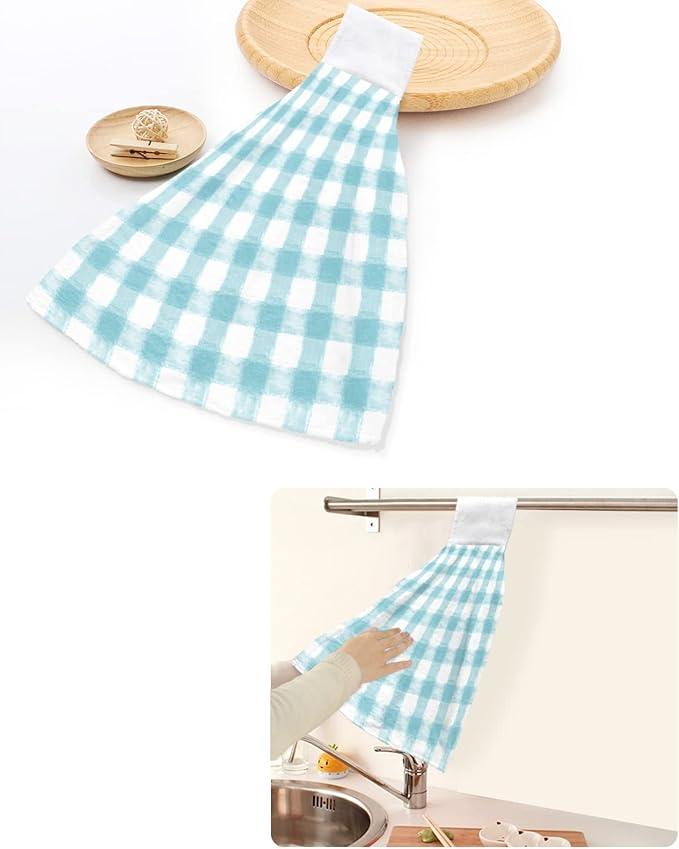 Alandar Home Kitchen Tie Towel Set of 1, Country Farm Buffalo Plaid Grid Absorbent Soft Hand Towels for Bathroom Hanging Towels, Watercolor Classic Lattice Fast Drying Cleaning Cloth with Loop