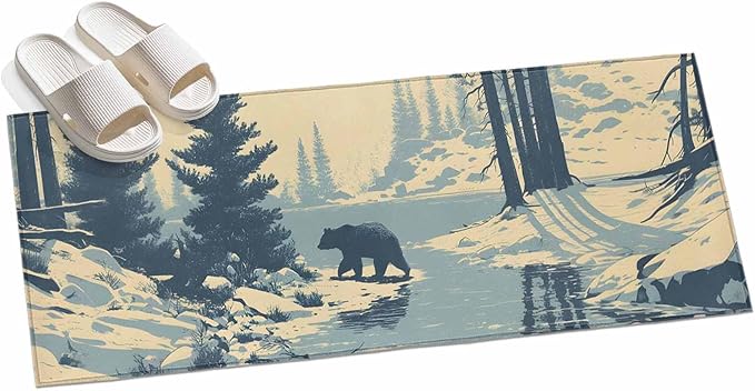 Runner Rug for Bedroom Hallway, Winter Bear Evergreen Trees Kitchen Runner Rugs Area Rug 2x6ft, Rustic Snow River Washable Soft Floor Carpet for Entryway Stair