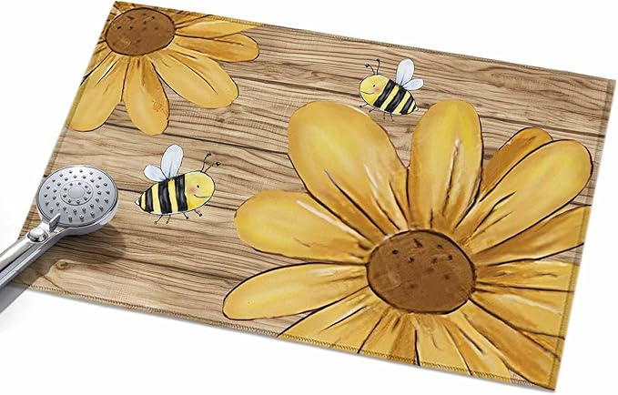 Area Rug 2x3ft, Summer Yellow Bee Blossom Flower Washable Rugs for Living Room Bedroom, Retro Rustic Brown Wood Board Soft Non-Slip Area Rugs Rectangle Floor Carpet for Dining Room