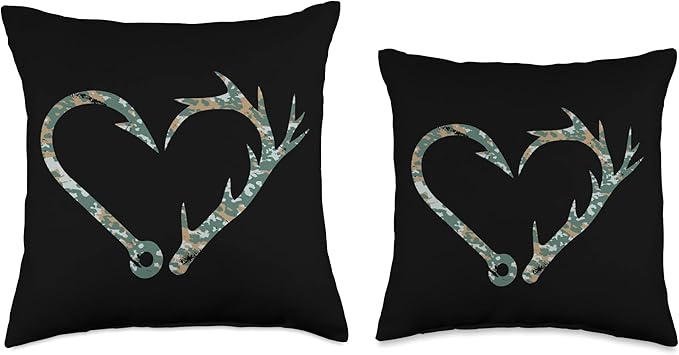 Fishing Hook Antler Heart Fishing Hunting Camo Deer Fish Throw Pillow