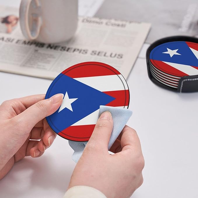 Puerto Rico Flag Leather Drinks Coasters with Holder, Set of 6, Suitable for Various Cups