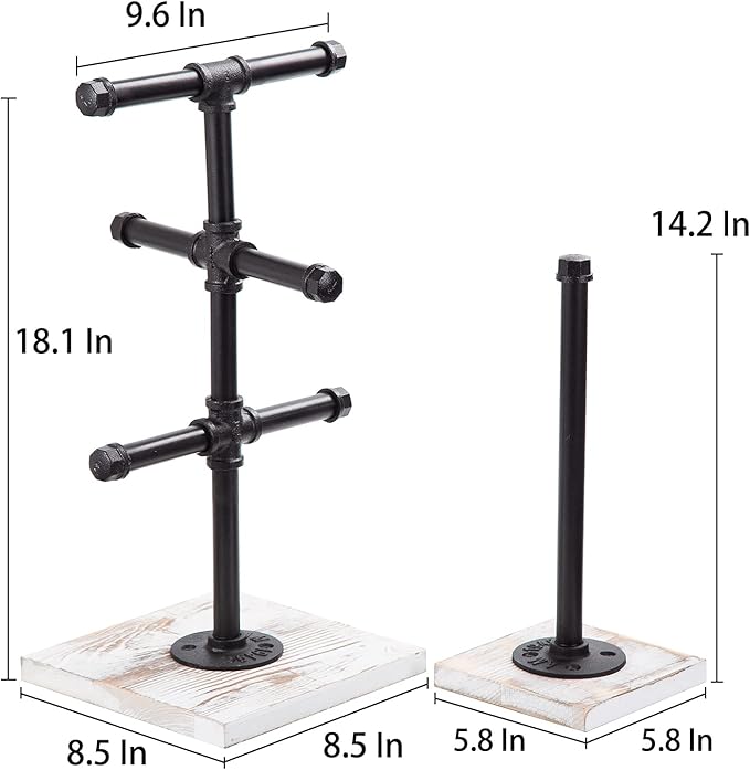 Mug Hanging Rack Kitchen Paper Towel Holder 2 Piece Industrial Black Metal Pipe Rustic White Washed Wooden Base Wood Organizer Multiple Branches Tree Coffee Cups Teacups Tissue Home Counter
