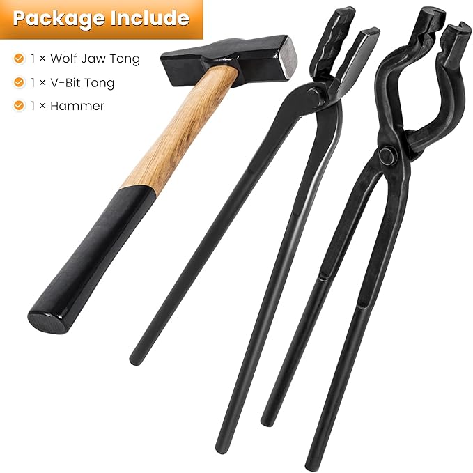 Blacksmith Tongs+Hammer Set Knife Making Tongs Wolf Jaw V-Bit Tongs Starter Beginner Bladesmith Metalworking Forge Anvil Vise Tool 0000811-1000 (3 PCS)