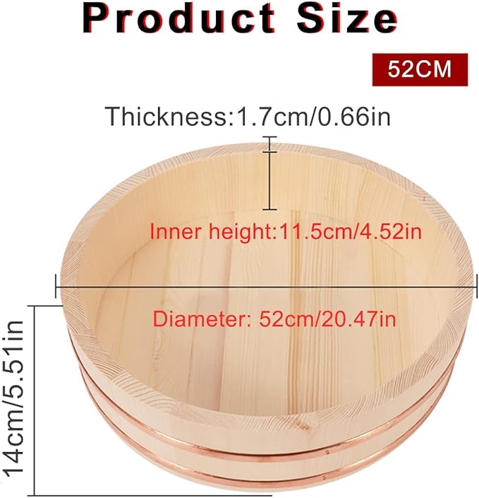 Sushi Rice Bowl with Spoon Wooden Hangiri Sushi Oke Rice Mixing Bucket for Knead The Dough Place Cooked Dishes and Mixed Sushi Rice Family Restaurant Kitchens Best Choice 42cm (52cm)