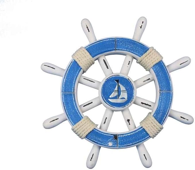 Hampton Nautical Rustic with Sailboat Decorative Ship Wheel, 12", Light Blue/White