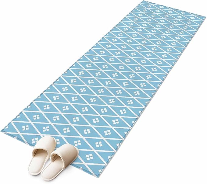 Runner Rug for Bedroom Hallway, Boho Blue White Plaid Line Kitchen Runner Rugs Area Rug 2x6ft, Abstract Geometric Diamond Washable Soft Floor Carpet for Entryway Stair