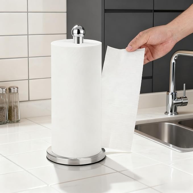 DAWNER Paper Towel Holder Countertop, Freestanding Kitchen Paper Holder Stand, One-Handed Tear, Stainless Steel, Paper Towel Dispenser with Weighted Base for Standard Towel Rolls, Brushed Nickel