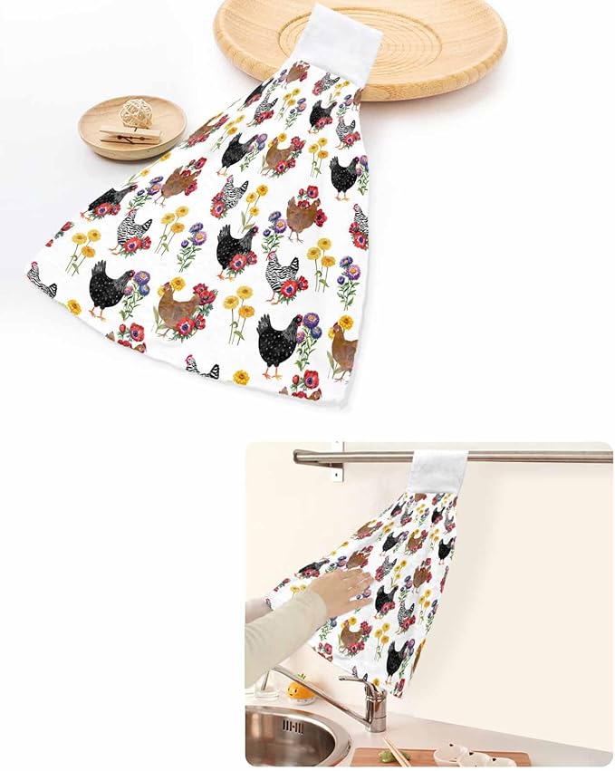 Alandar Home Kitchen Tie Towel Set of 2, Farmhouse Chicken Colorful Poppy Absorbent Soft Hand Towels for Bathroom Hanging Towels, Spring Floral Leaves Fast Drying Cleaning Cloth with Loop