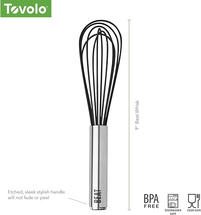 Tovolo Whisk 9 Inch Heavy Duty Silicone Wire Stainless Steel Whisker for Cooking Baking Blending Mixing Stirring Whipping Whisking, Dishwasher Safe Multi Function Classic French Wire Whisk, Black