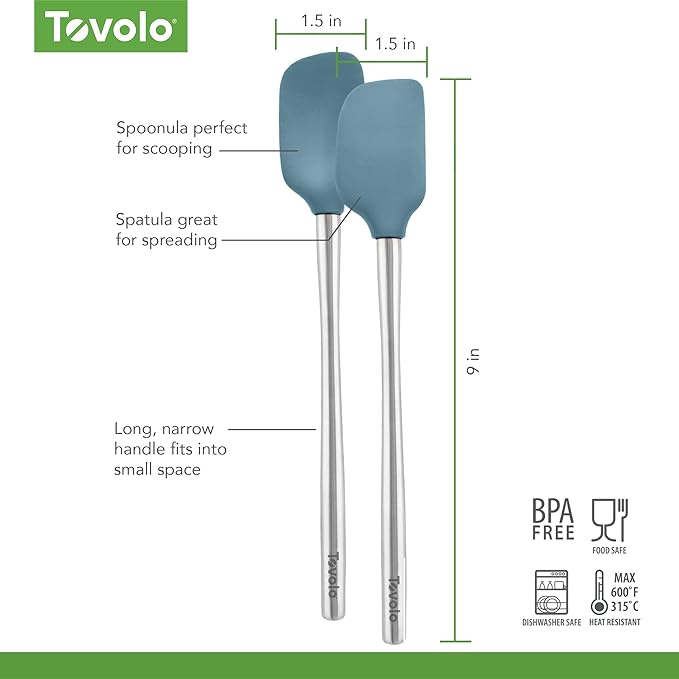 Tovolo Flex Core Silicone Spatula Spoonula Set of 2 for Non Stick Cast Iron Cooking & Baking, Dishwasher Safe Heat Resistant BPA Free Long Stainless Steel Handle Kitchen Utensil, Blue Slate