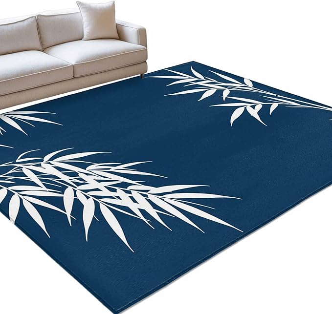 Area Rug 9x12ft, Country Leaf on Dark Blue Washable Rugs for Living Room Bedroom Rectangle Floor Carpet, Botanical Silhouette Minimalist Style Soft Non-Slip Area Rugs for Dining Room