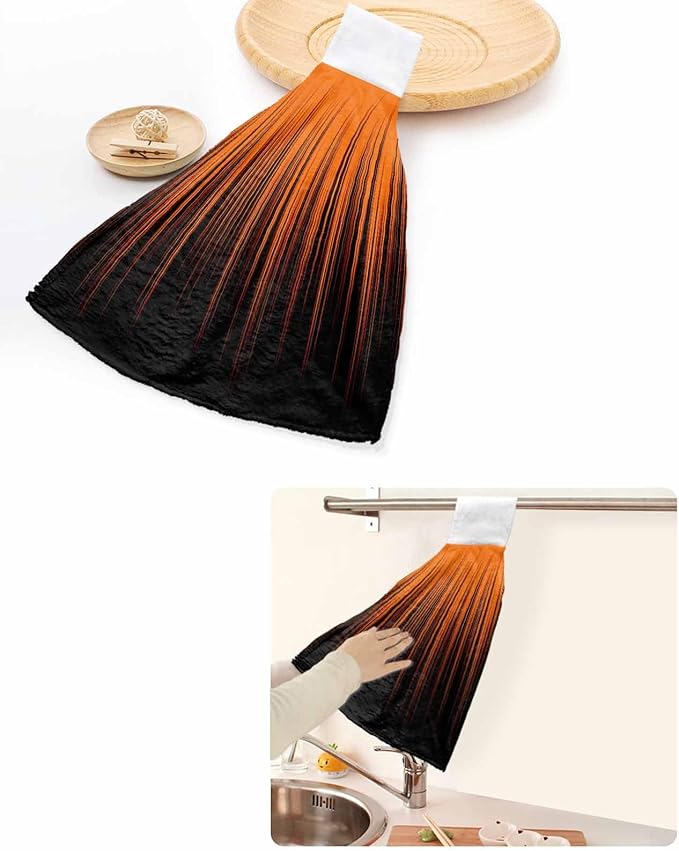 Alandar Home Kitchen Tie Towel Set of 2, Orange and Black Striped Art Absorbent Soft Hand Towels for Bathroom Hanging Towels, Gradient Abstract Textures Fast Drying Cleaning Cloth with Loop