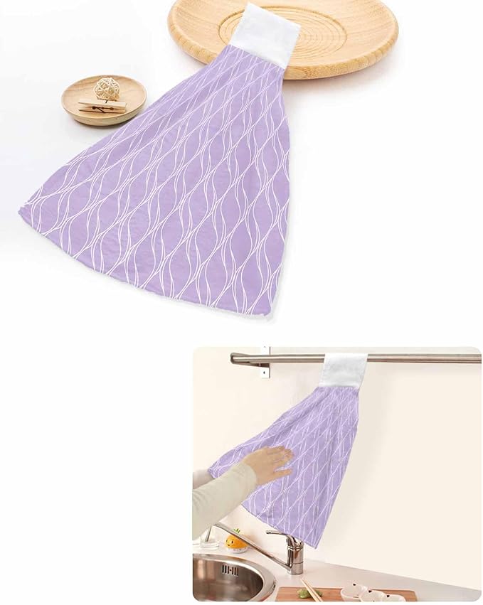 Alandar Home Kitchen Tie Towel Set of 2, Purple Stripes Waves Absorbent Soft Hand Towels for Bathroom Hanging Towels, Abstract Minimalist Art Fast Drying Cleaning Cloth with Loop