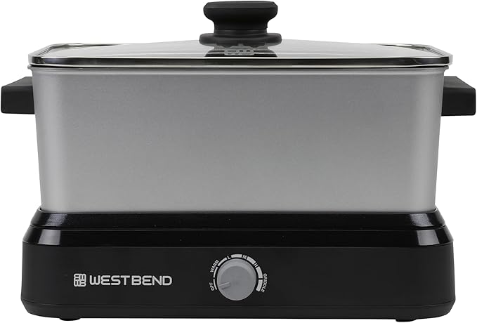 West Bend Versatility Slow Cooker Large Capacity Non-stick Cooking Vessel & Variable Temperature Heating Base Includes Travel Lid and Storage Bag, Range and Oven-Safe Cooking Pot, 5-Quart, Silver