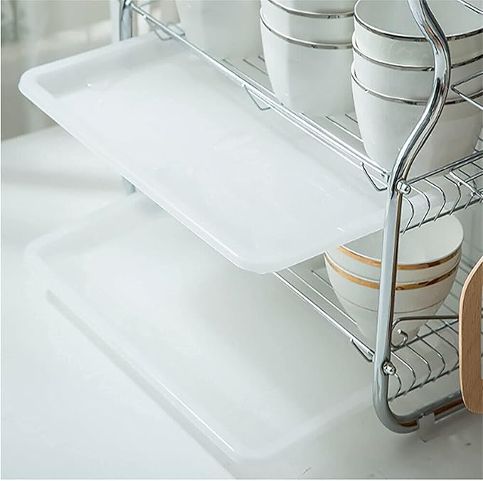 3 Tier Kitchen Chrome Dish Drainer Utensil Bowl Plates Holder Rack Drip Tray (Color : Green) (White)