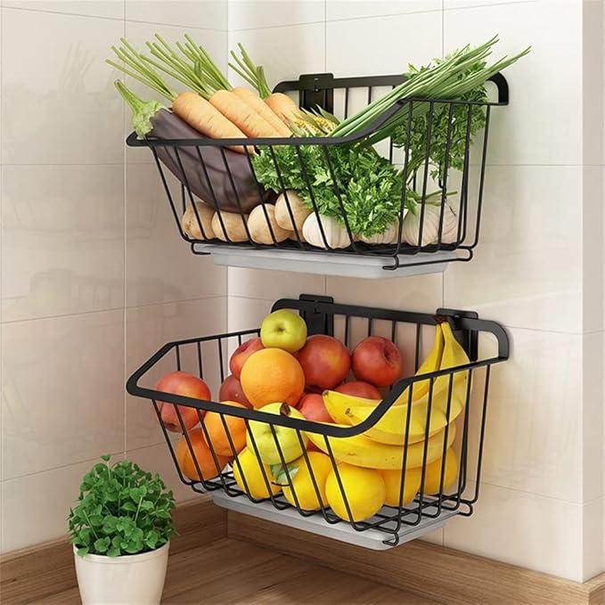 Kitchen Storage Rack Storage Basket Wall-mounted Kitchen Vegetable Punch-free Storage Rack Fruit And Vegetable Basket Drain Rack Storage Shelves ()