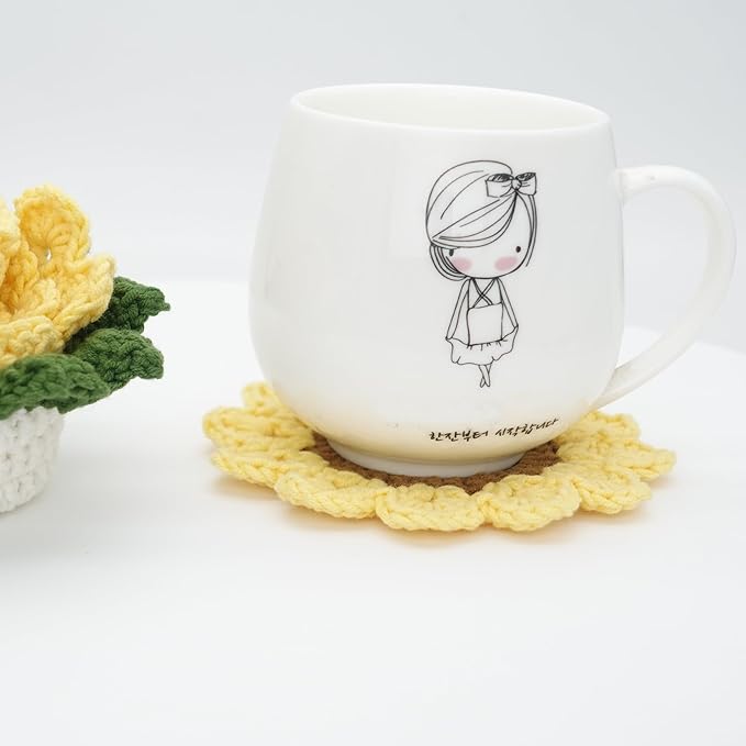 DICHA Sunflower Crochet Coasters with Plant Pot-Container Beverage Coaster Sets with Holder Bar Coasters for Drinks Coffee Table Desk-Succulent Plant Pot Coaster-Set of 5