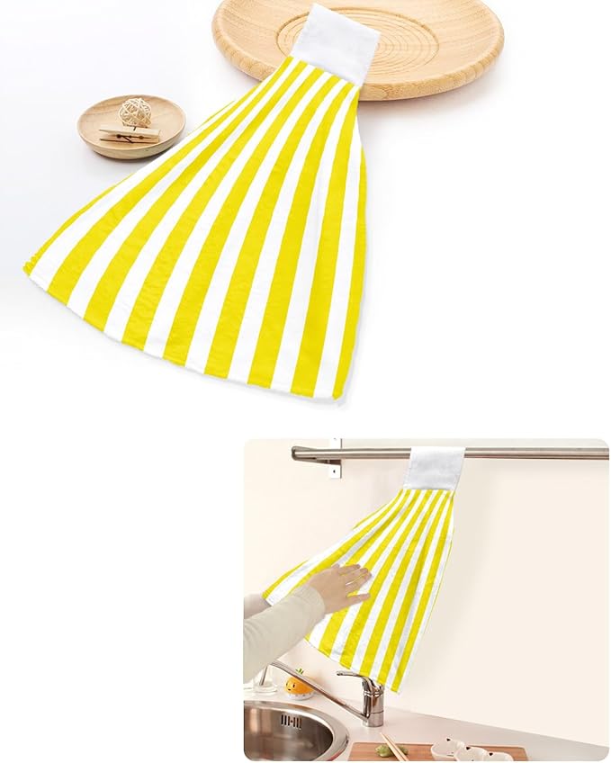 Alandar Home Kitchen Tie Towel Set of 1, Minimalist Modern Yellow White Stripe Absorbent Soft Hand Towels for Bathroom Hanging Towels, Simple Line Texture Fast Drying Cleaning Cloth with Loop