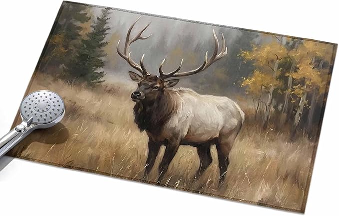 Area Rug 2x3ft, Brown Animals Elk Washable Rugs for Living Room Bedroom, Retro Forest Landscape Soft Non-Slip Area Rugs Rectangle Floor Carpet for Dining Room