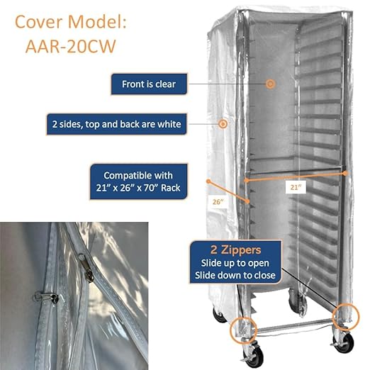 GSW AAR-20CW White Plastic Cover w/Clear Front Bun Pan Rack Cover with 2 Zippers, for Commercial Kitchen Used for 21” x 26” x 70” Rack