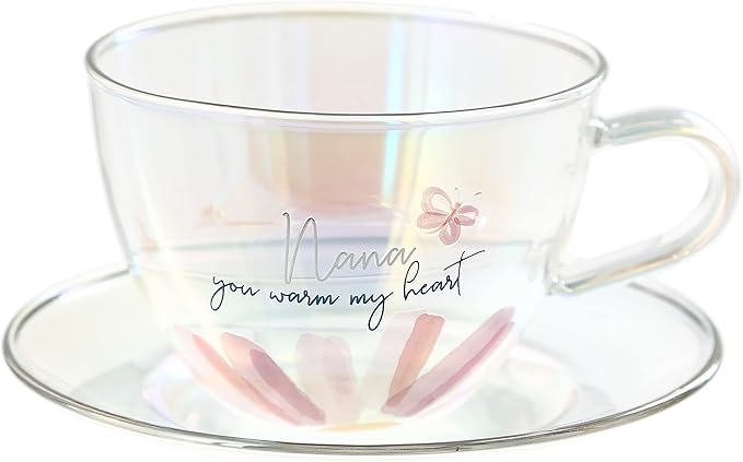 Pavilion Gift Company - Nana - 7-ounce Glass Teacup with Saucer Set, Iridescent Coffee Cup, Butterfly Teacup, Mother's Day Gift Ideas, Nana Mug, 1 Count - Pack of 2