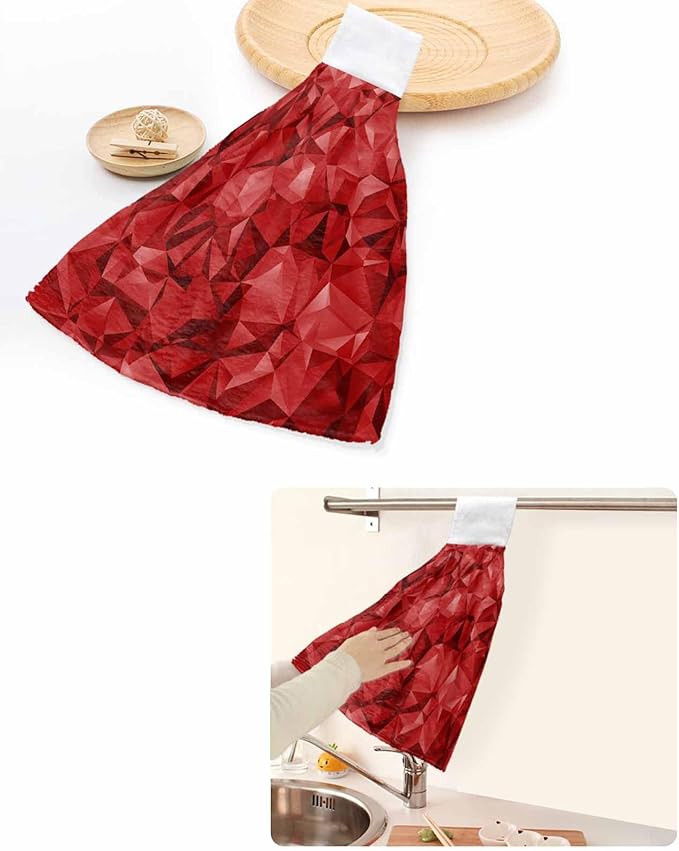 Alandar Home Kitchen Tie Towel Set of 1, Red Geometric Stereotypic Art Absorbent Soft Hand Towels for Bathroom Hanging Towels, Abstract Modern Patterns Fast Drying Cleaning Cloth with Loop