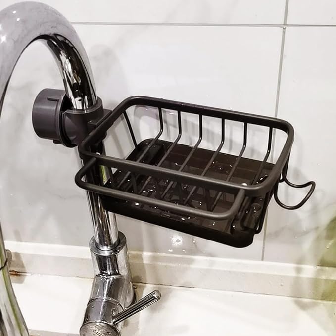 Kitchen Sink Faucet Organizer, 2024 Upgraded Dish Sponge Holder Over Faucet Kitchen Sink Caddy Organizer with Hook for Bathroom, Scrubbers, Soap, Work With 0.7-1.1inch Round Water Pipe (Black, Left)